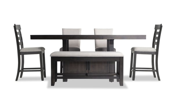 Sonoma 6 Piece Espresso & Beige Upholstered Counter Height Dining Set with storage bench, rustic solid acacia wood, beige polyester fabric, extendable table 60"-80".