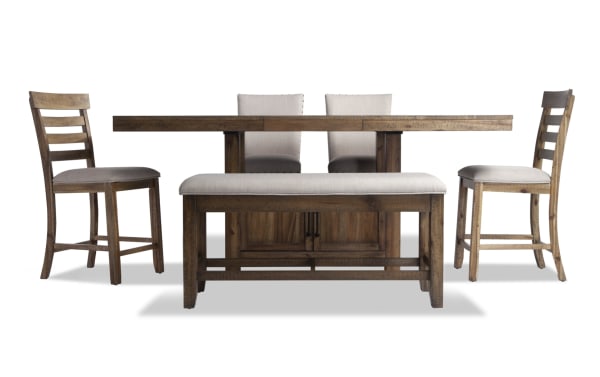 Sonoma 6 Piece Natural & Beige Upholstered Counter Height Dining Set with storage bench, rustic solid Acacia wood, beige polyester fabric, extendable table.