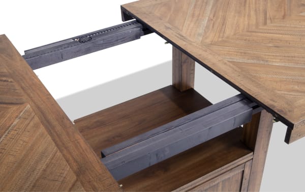 Rustic Sonoma dining table extension mechanism with solid Acacia wood, beige polyester fabric, and metal hardware for 60" to 80" length adjustment.