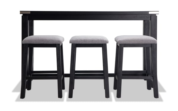 Contemporary Elevations 4 Piece Black & Gray Upholstered Sofa Table Set with acacia veneer, polyester fabric seats, black wire-brushed finish, and brushed nickel accents.