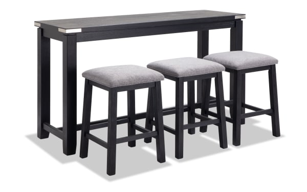 Contemporary Elevations 4 Piece Black & Gray Upholstered Sofa Table Set with acacia veneers, polyester fabric seats, brushed nickel accents, and bar height design.