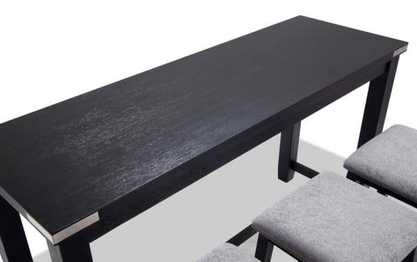 Contemporary Elevations 4 Piece Black & Gray Upholstered Sofa Table Set with acacia veneer, black wire-brushed finish, brushed nickel accents, and gray polyester fabric stools.