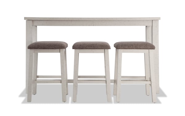 Montana 4 Piece Rustic Sofa Table Set with whitewashed acacia veneer, beige polyester upholstered bar stools with memory foam, USB and power outlets