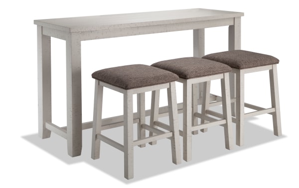 Montana 4 Piece Rustic Sofa Table Set with beige acacia veneer frame, three beige polyester fabric upholstered stools with memory foam seats, includes USB and power outlets.