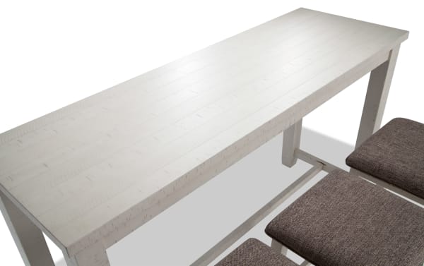 Montana 4 Piece White & Beige Upholstered Sofa Table Set with rustic acacia veneer table and three beige fabric polyester cushioned stools with memory foam.