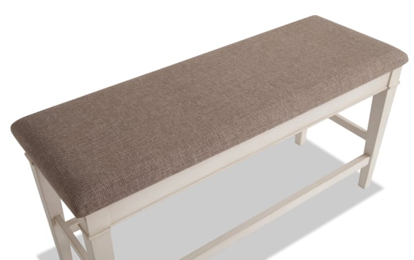 Rustic Montana White & Beige Upholstered Counter Height Storage Dining Bench with polyester fabric seat, rubberwood frame, and memory foam cushion