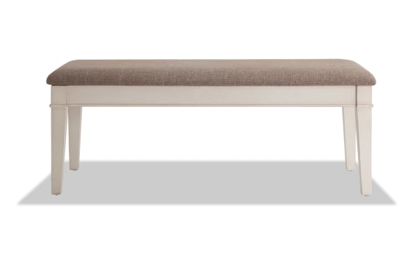 Montana White & Beige Upholstered Storage Dining Bench with rustic white rubberwood frame, beige polyester fabric seat, and memory foam cushion.