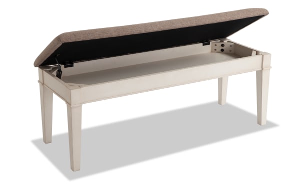 Montana White & Beige Upholstered Storage Dining Bench with rustic rubberwood frame, beige polyester fabric, and memory foam seat.