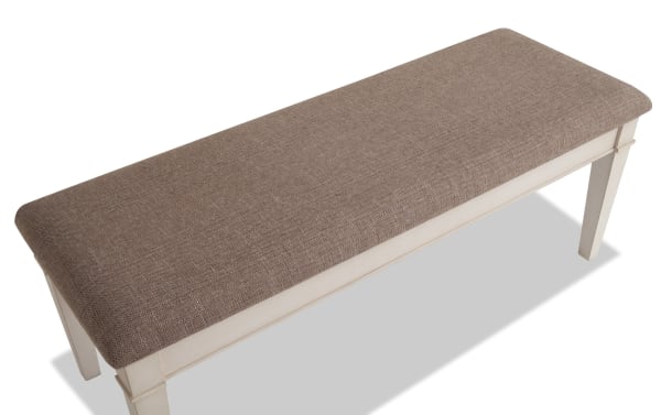 Montana White & Beige Upholstered Storage Dining Bench with rustic white rubberwood frame, beige polyester fabric, and memory foam seat.