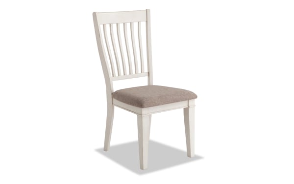 Montana White & Beige Slat Back Upholstered Dining Chair with rustic white rubberwood frame, beige polyester fabric seat, and traditional slat back design.