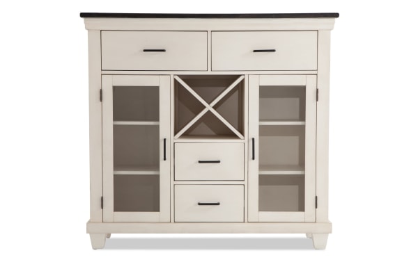 Montana White & Espresso 4 Drawer Server from Montana Dining, rustic rubberwood and oak veneer with tempered glass doors, wine racks, and storage drawers.