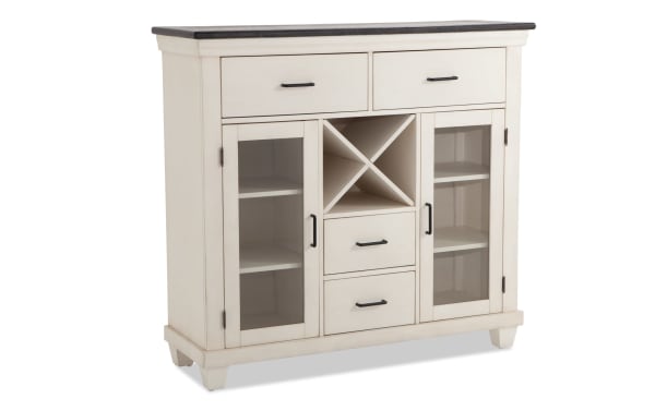 Montana White & Espresso 4 Drawer Server from Montana Dining collection, rustic style with rubberwood, oak veneers, tempered glass, white finish, espresso top, two glass-door cabinets, removable wine racks, and felt-lined drawers for versatile dining storage.
