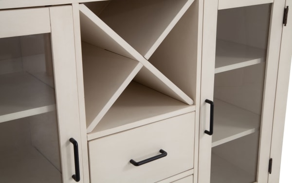 Rustic Montana White & Espresso 4 Drawer Server from Montana Dining collection, featuring rubberwood, oak veneer, tempered glass doors, and removable wine racks.