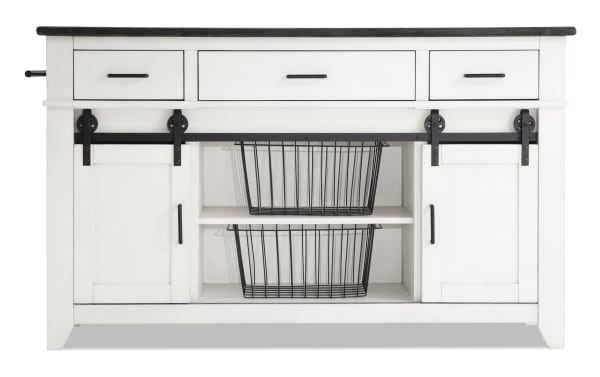 Montana White & Espresso kitchen island with rustic style, rubberwood and oak veneer, 3 felt-lined drawers, sliding doors, wire baskets, and drop leaf top
