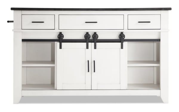 Montana White & Espresso 3 Drawer Drop Leaf Kitchen Island in rustic style with rubberwood, oak veneer, MDF, white finish, dark top, sliding doors, and open shelving.