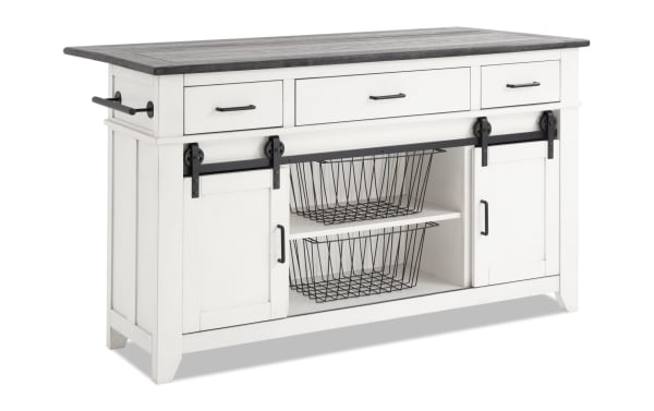 Montana White & Espresso Rustic Kitchen Island with 3 felt-lined drawers, sliding doors, wire baskets, drop leaf, rubberwood and oak veneer top