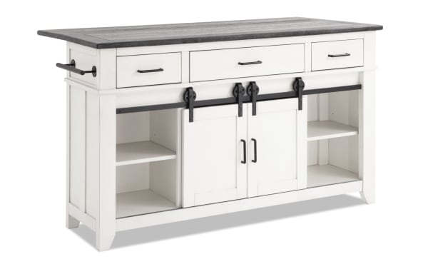 Montana White & Espresso 3 Drawer Drop Leaf Kitchen Island in rustic style with rubberwood, oak veneers, MDF, white finish, dark top, sliding doors, and open shelving.