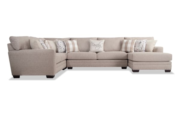 Cottage Chic Beige 150'' 4 Piece Right Arm Facing Chaise Sectional