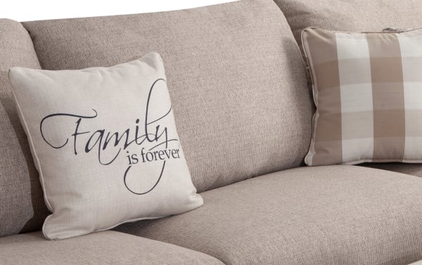 Beige Cottage Chic 4-piece left arm facing chaise sectional with soft polyester fabric, traditional style, and decorative pillows including one reading "Family is forever."