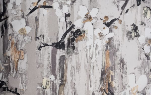 Beige fabric upholstery with abstract floral pattern in neutral tones, showcasing Cottage Chic traditional polyester material for cozy, stylish home decor.