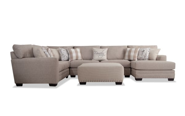 Cottage Chic Beige 150'' 4 Piece Right Arm Facing Chaise Sectional with Ottoman, traditional style, beige polyester fabric, nailhead trim, includes 10 patterned accent pillows and memory foam cushions.