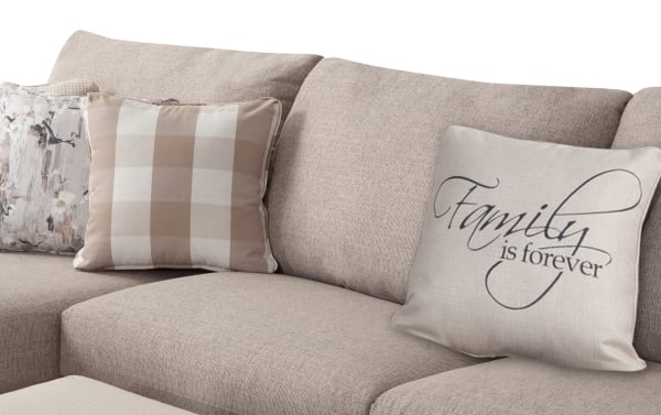 Beige Cottage Chic 4-piece left arm facing sleeper chaise sectional with soft polyester fabric upholstery, decorative pillows, and a cozy queen gel memory foam mattress.