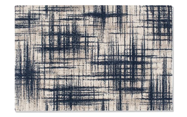 Aniston 5' x 8' Blue Abstract Rug with navy, gray, and cream colors, contemporary style, made of durable, soft 100% polypropylene fabric.