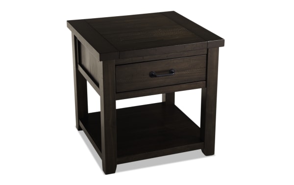 Montana Brown Storage End Table from Montana Entertainment & Occasional, rustic wood with distressed brown finish, wire-brushed top, drawer, and lower shelf.
