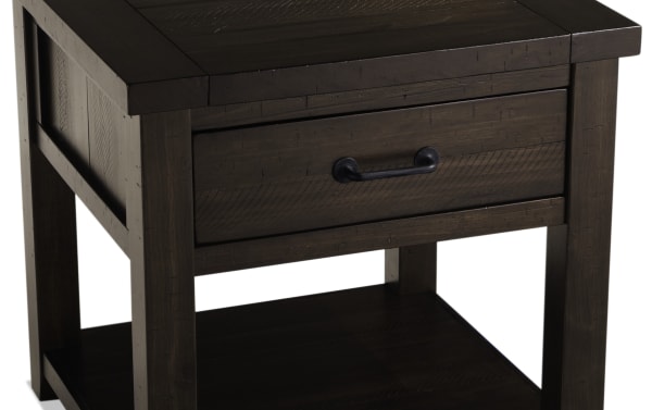 Rustic Montana Brown Storage End Table from Montana Entertainment & Occasional collection, made of distressed wood with dark hardware, wire-brushed top, and a lower shelf for storage.