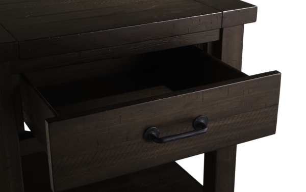 Rustic Montana Brown Storage End Table from Montana Entertainment & Occasional collection, featuring distressed brown wood, wire-brushed top, worn corners, and black metal drawer handle.