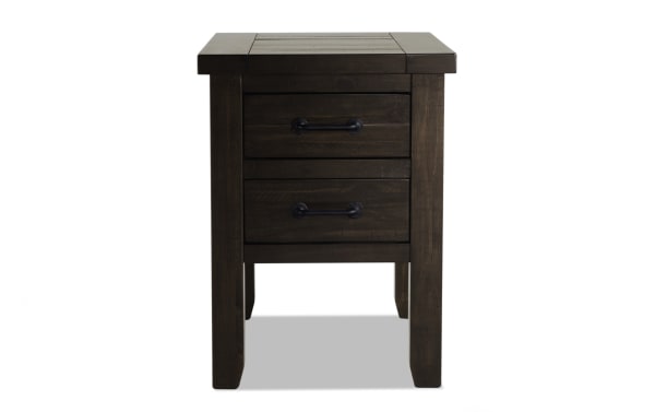 Rustic Montana Brown Storage Chairside Table from Montana Entertainment & Occasional, wooden with distressed finish, dark hardware, two drawers, and USB ports.