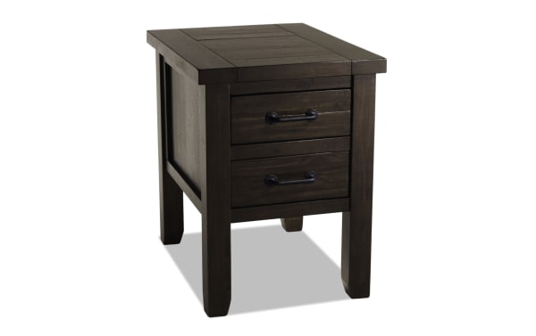 Rustic Montana Brown Storage Chairside Table from Montana Entertainment & Occasional collection, made of distressed wood with dark hardware and two drawers.