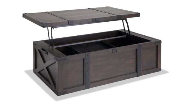 Rustic Montana Brown Storage Trunk Coffee Table from Montana Entertainment & Occasional collection, featuring distressed wood, dark hardware, and lift-top storage compartments.