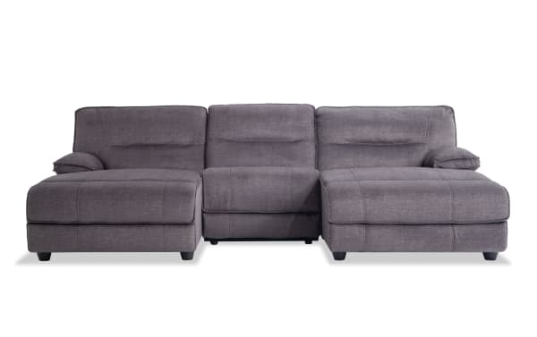 Pacifica Gray 114'' Power Reclining 3 Piece Dual Chaise Sectional in gray polyester fabric with memory foam cushions, USB port, and transitional style.