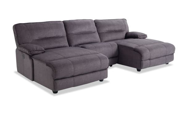 Pacifica Gray 114'' power reclining 3-piece dual chaise sectional in gray polyester fabric with memory foam cushions and USB port, transitional style.