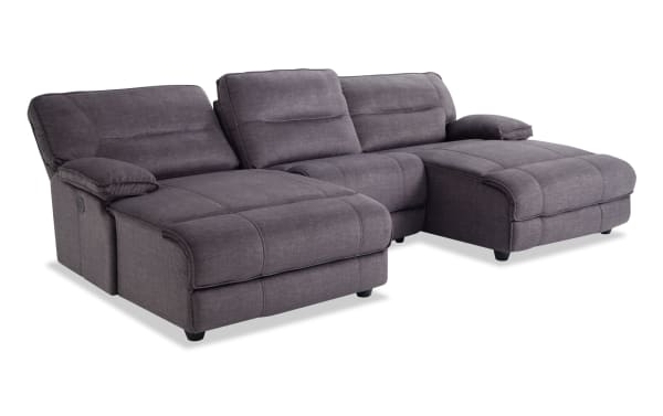 Gray Pacifica 114'' transitional 3-piece dual chaise sectional with power recline, USB port, and soft polyester fabric upholstery.