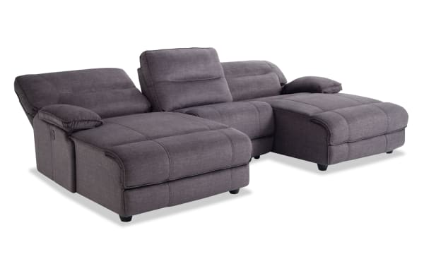Pacifica Gray 114'' Power Reclining 3 Piece Dual Chaise Sectional in gray polyester fabric with memory foam cushions, USB port, and transitional style.