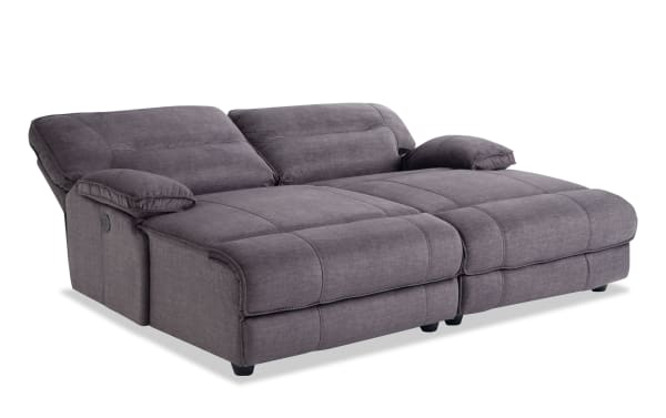 Pacifica Gray 82" Power Reclining Dual Chaise in gray polyester fabric with plush cushions and power recline, transitional style seating.