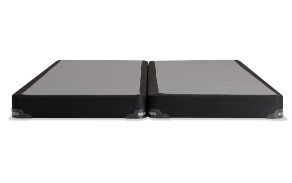 Distinction Split Low-Profile Queen Foundation Set by Bob's, featuring sturdy black fabric bases with gray tops and protective corner guards for hybrid mattresses.