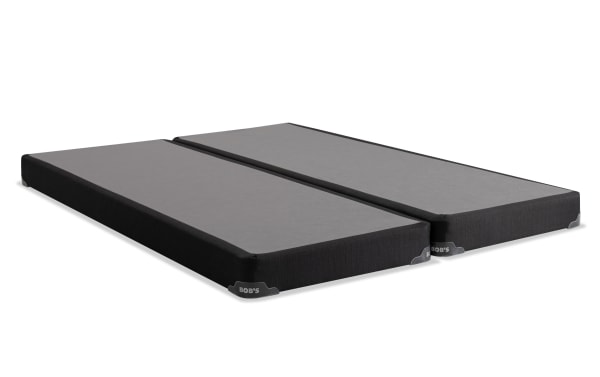 Distinction Split Low-Profile Queen Foundation Set by Bob’s, black fabric with gray top, sturdy mattress base with corner guards for hybrid mattresses.