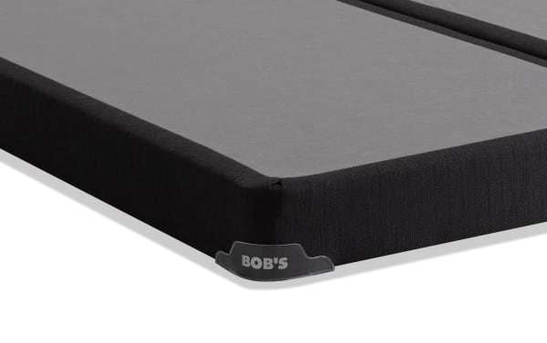 Distinction Split Low-Profile Queen Foundation Set by Bob’s, featuring black fabric upholstery and signature corner guards for mattress support.