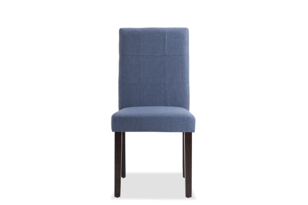 Leah Brown & Blue Solid Back Upholstered Dining Chair with plush blue polyester fabric and rubberwood solid legs, transitional style seat.