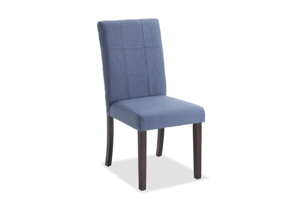 Leah Brown & Blue Solid Back Upholstered Dining Chair with plush blue polyester fabric, rubberwood legs, and transitional style for dining rooms.