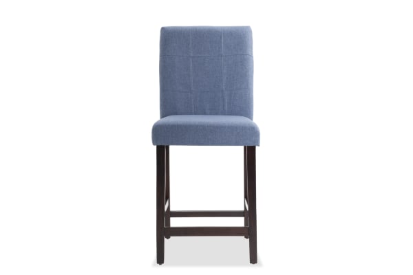 Leah Brown & Blue Solid Back Upholstered Counter Height Stool with plush blue polyester fabric seat and rubberwood legs in transitional style