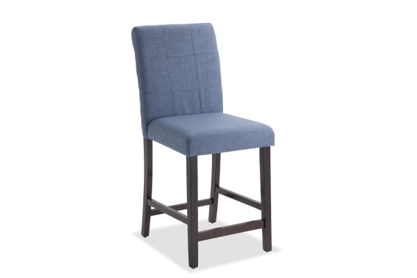 Leah Brown & Blue Solid Back Upholstered Counter Height Stool with plush blue polyester fabric seat and rubberwood frame in transitional style.