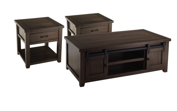 Montana Brown Storage Coffee Table Set with 2 End Tables, rustic pine solids and plywood, barn door design, drawers, shelves, and casters for mobility.
