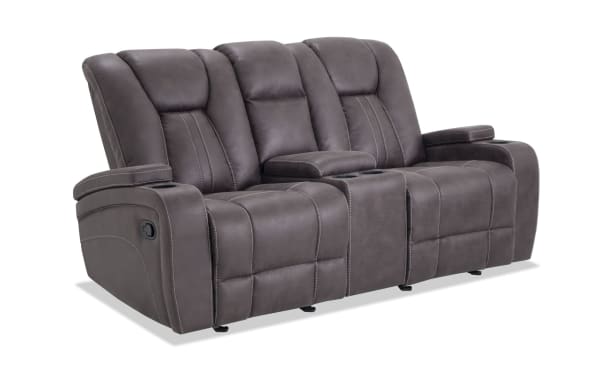 Viking Graphite 74'' Manual Gliding Console Loveseat in gray polyester fabric with transitional style, cupholders, USB ports, and hidden arm storage.