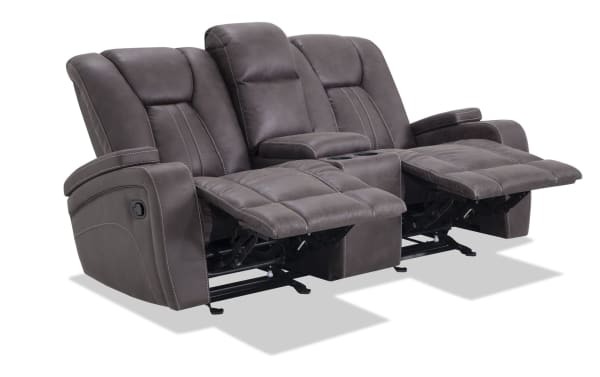 Transitional Viking Graphite 74" manual gliding console loveseat in gray polyester fabric with memory foam, USB ports, cupholders, and hidden storage.