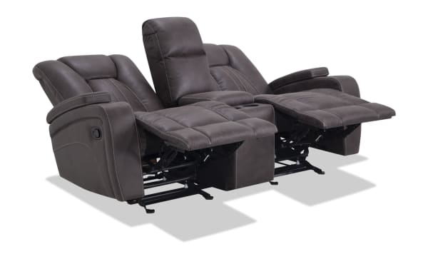 Viking Graphite 74'' Manual Gliding Console Loveseat in gray polyester fabric with manual recline, USB port, cupholders, and hidden storage.
