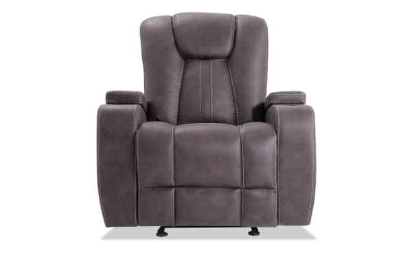 Viking Graphite Manual Gliding Recliner in gray polyester fabric with transitional style, padded arms, and ergonomic stitched backrest.